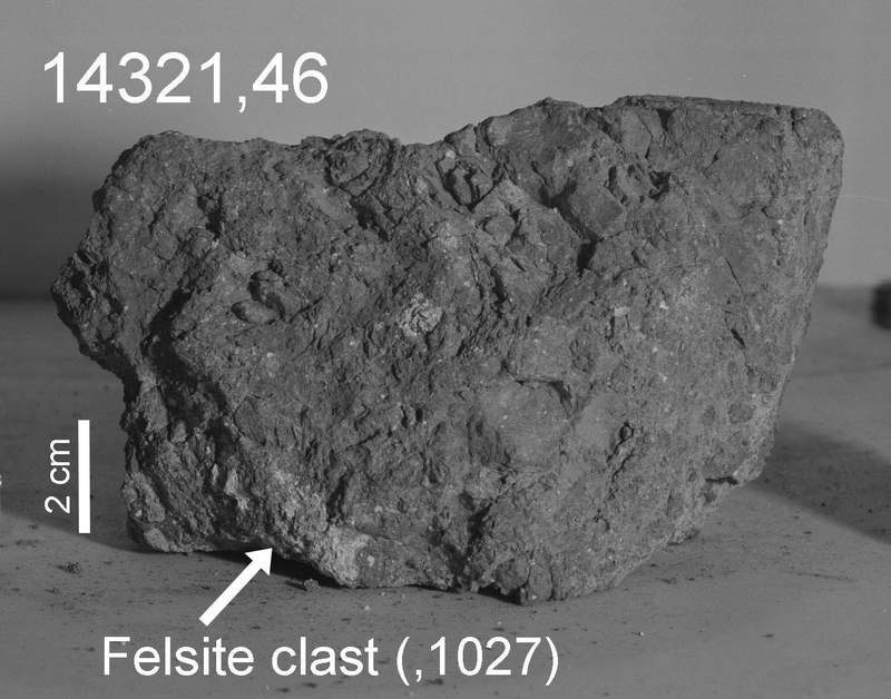 Lunar sample 14321 with an arrow indicating the location of the apparent Earth fragment.